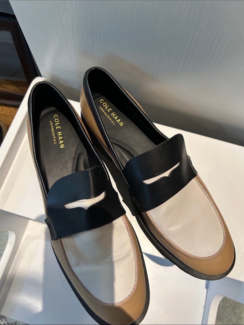 Cole Haan Two-Tone Black, Cream & Tan Leather Penny Loafers